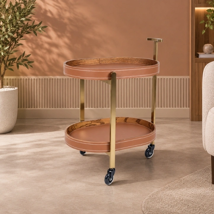Modern Oval Bar Trolley with Premium Leather Finish